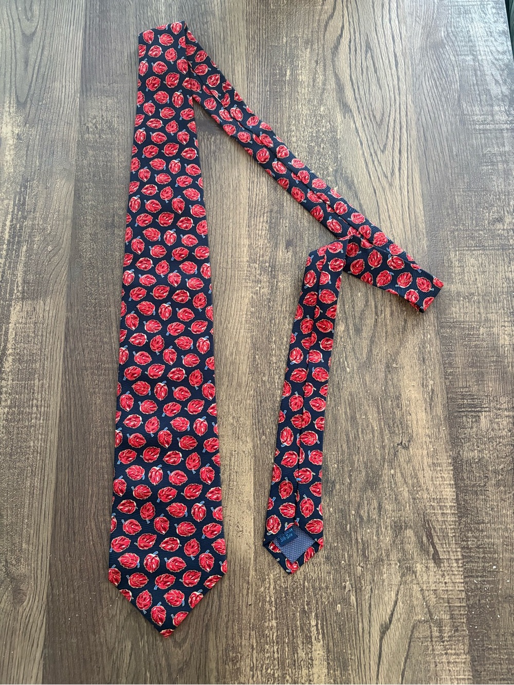Valentino Navy Tie with Red Leaf Pattern